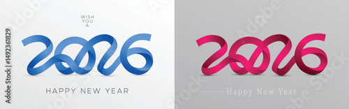 Happy New Year 2026. Minimalist design concept with ribbon as a symbol of gift and celebration becomes the number 2026