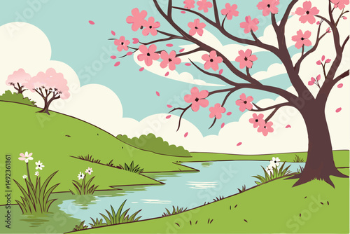 128 an idyllic spring landscape, lush green meadow, serene pond with clear reflections, vibrant pink cherry blossom trees, blue sky with fluffy white clouds, beautiful natural scenery, dreamlike atmos