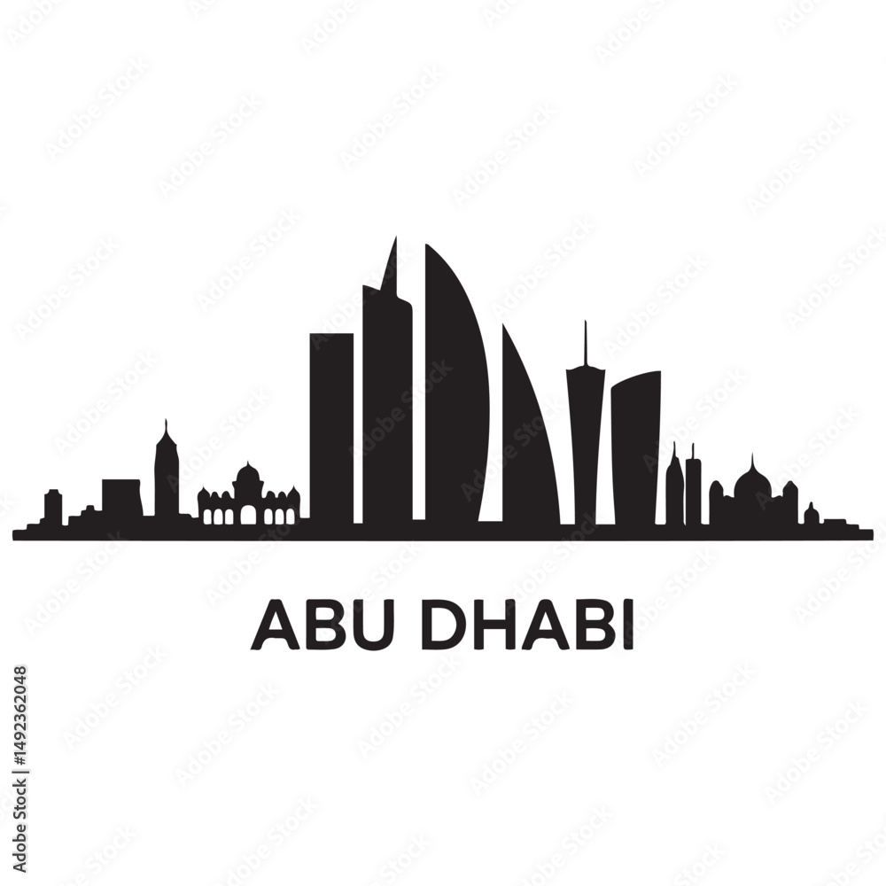 Fototapeta premium Abu Dhabi skyline horizontal banner. Black Abu Dhabi, United Arab Emirates. Vector template for your design. Vector black silhouette. with white background