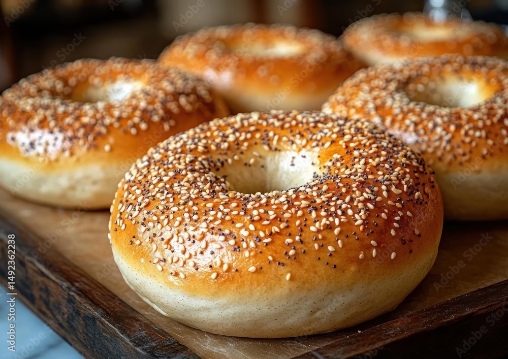 Freshly baked sesame seed bagels arranged on a wooden tray with a warm golden crust and a soft texture Freshly baked sesame seed bagels arranged on a wooden tray with a warm golden crust and a soft texture