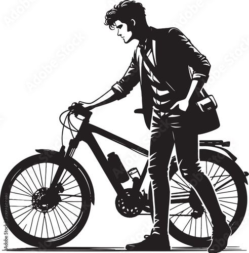 A stylized monochrome illustration of a man with a bicycle looking to the side