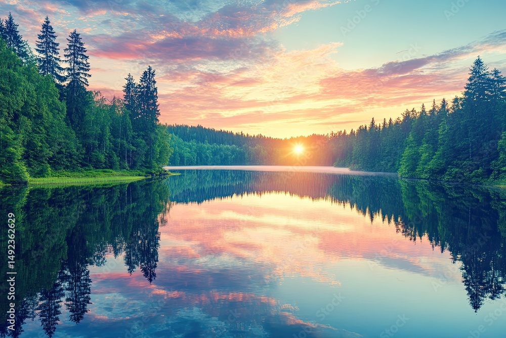 Fototapeta premium Serene lake at sunset, reflecting a vibrant sky. Lush forest surrounds the tranquil water