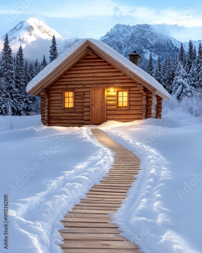 Wallpaper Mural Illuminated Wooden Cabin on Snowy Mountain Path Torontodigital.ca