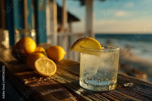 Refreshing Lemon Cocktail on Beach Balcony with Sunset  Sparkling Summer Drink.