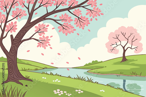 128 an idyllic spring landscape, lush green meadow, serene pond with clear reflections, vibrant pink cherry blossom trees, blue sky with fluffy white clouds, beautiful natural scenery, dreamlike atmos