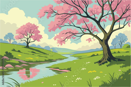128 an idyllic spring landscape, lush green meadow, serene pond with clear reflections, vibrant pink cherry blossom trees, blue sky with fluffy white clouds, beautiful natural scenery, dreamlike atmos