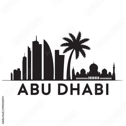 Abu Dhabi skyline horizontal banner. Black Abu Dhabi, United Arab Emirates. Vector template for your design. Vector black silhouette. with white background