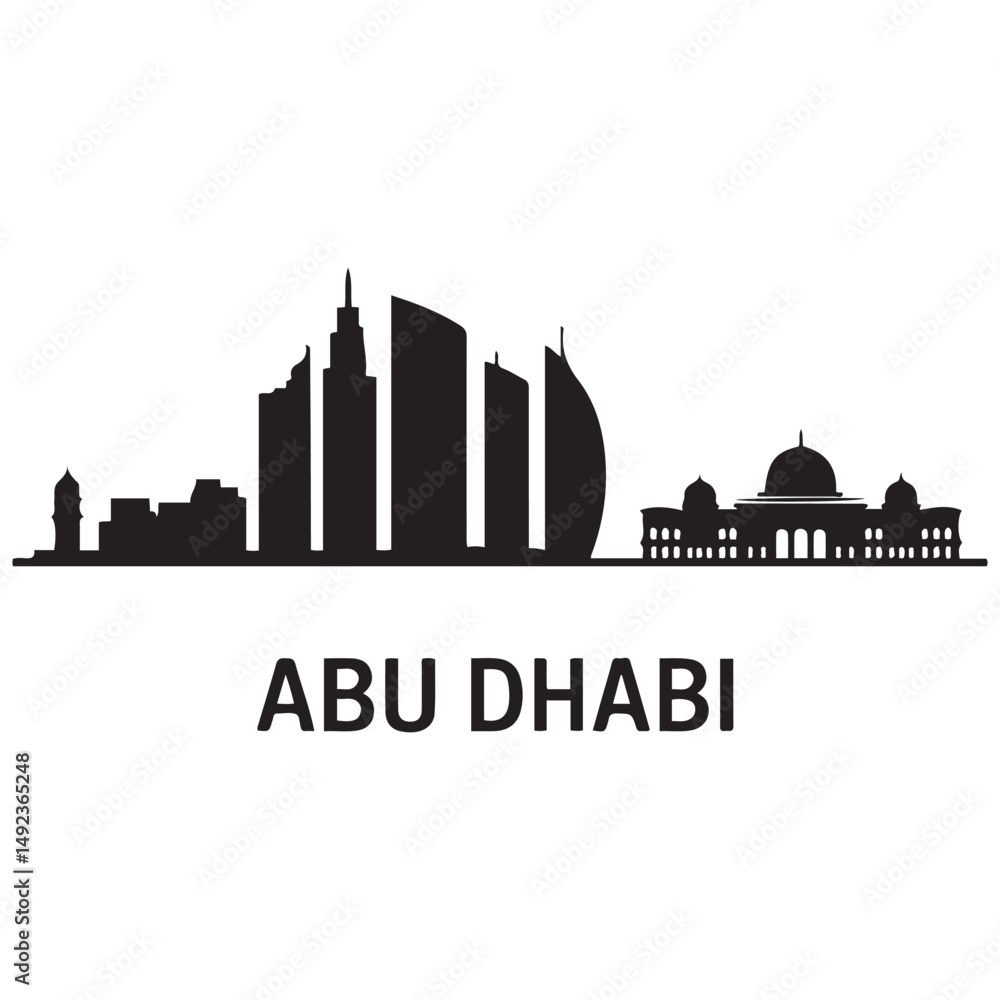 Obraz premium Abu Dhabi skyline horizontal banner. Black Abu Dhabi, United Arab Emirates. Vector template for your design. Vector black silhouette. with white background