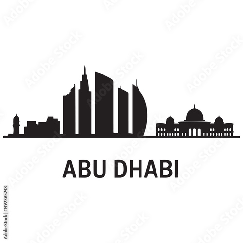 Abu Dhabi skyline horizontal banner. Black Abu Dhabi, United Arab Emirates. Vector template for your design. Vector black silhouette. with white background