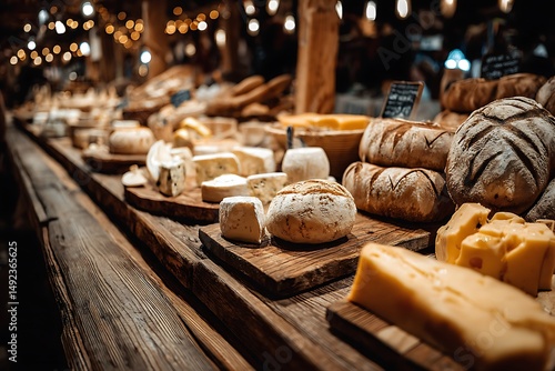 Rustic Cheese and Bread Display Gourmet Food Market with Warm Lighting.