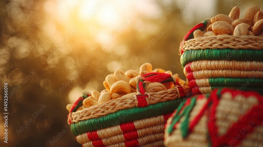 Naklejka premium Traditional woven baskets filled with cashews and tropical fruits, adorned with red and green ribbons. Celebrating Mozambique's Independence Day wi