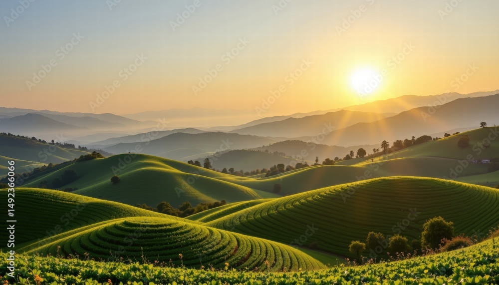 Naklejka premium Tranquil Sunrise Over Lush Green Hills with Gentle Rolling Landscape and Soft Light Illuminating Nature's Beauty in Serene Environment