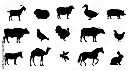Collection of farm animal silhouettes, perfect for farm themed designs, vector illustrations