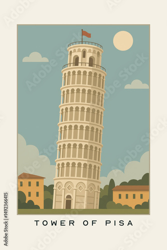 Flat Style Illustration of Leaning Tower of Pisa – Minimalist Poster with Iconic Italian Landmark, Blue Sky, Soft Clouds, and Elegant Travel Art Design