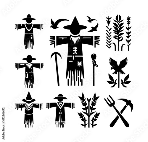 Black Scarecrow Icon Set on White Background Vector Style