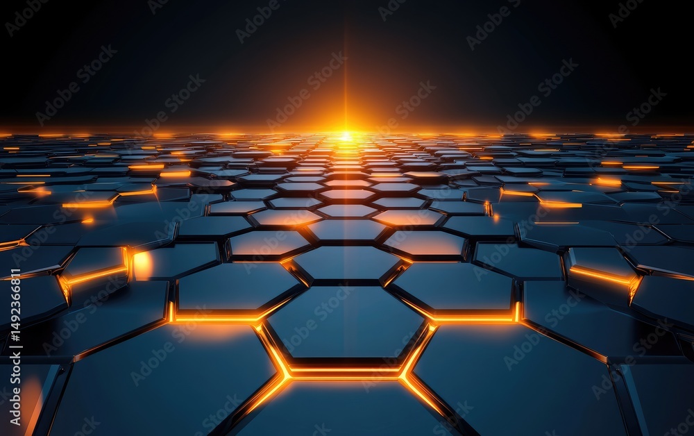 Obraz premium Dark futuristic hexagonal grid with glowing light