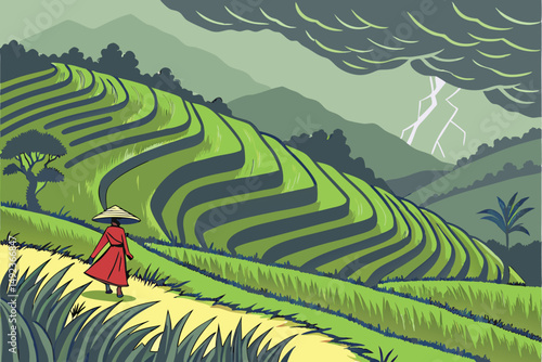 130 lush green terraced rice fields, dramatic stormy sky, mountainous landscape, lone figure in red dress and cone hat walking through field, atmospheric mood, detailed landscape, award winning photo,