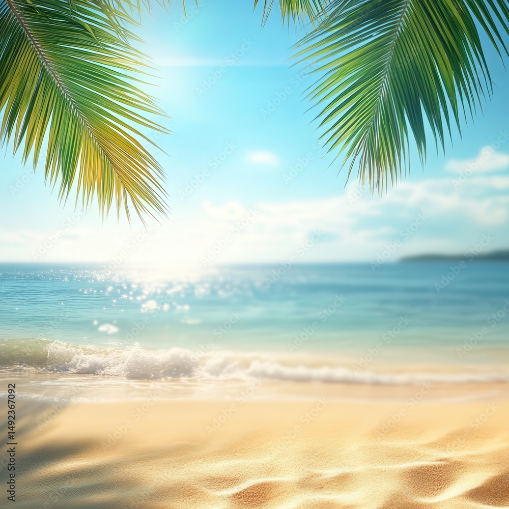 Obraz premium Abstract blur defocused background, nature of tropical summer beach with rays of sun light. Golden sand beach, sea water and palm leaves against sky. Copy space, summer vacation.