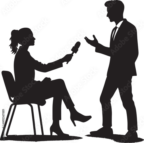 Silhouette of woman interviewing man with microphone in black and white image style