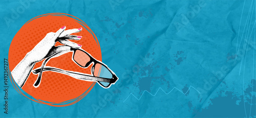 Composite collage, female hand holding glasses. Pop art style with bright orange circle and turquoise paper background.