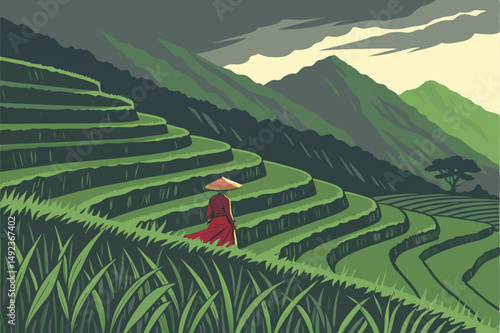 130 lush green terraced rice fields, dramatic stormy sky, mountainous landscape, lone figure in red dress and cone hat walking through field, atmospheric mood, detailed landscape, award winning photo,