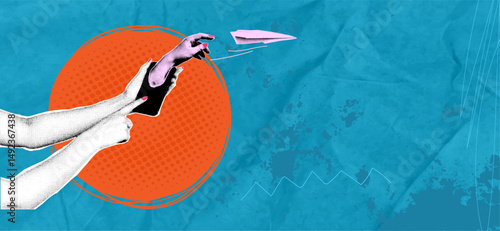 Two hands interact with a smartphone, launching a paper airplane. Trendy art collage with a bright orange circle and turquoise background, emphasizing creativity and playfulness.