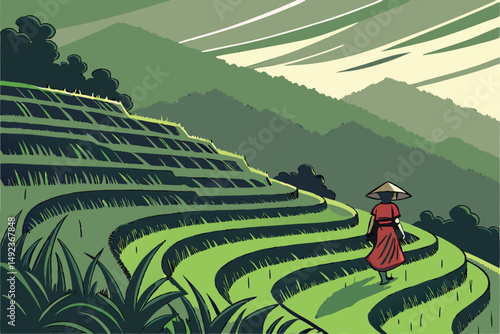 130 lush green terraced rice fields, dramatic stormy sky, mountainous landscape, lone figure in red dress and cone hat walking through field, atmospheric mood, detailed landscape, award winning photo,