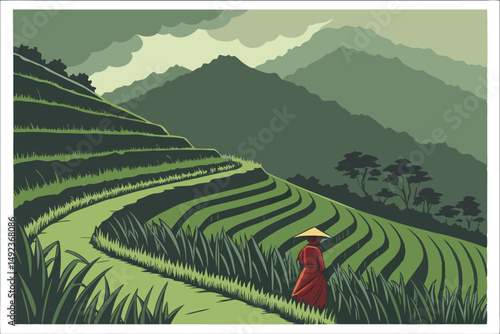 130 lush green terraced rice fields, dramatic stormy sky, mountainous landscape, lone figure in red dress and cone hat walking through field, atmospheric mood, detailed landscape, award winning photo,