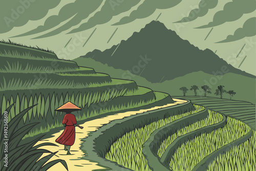 130 lush green terraced rice fields, dramatic stormy sky, mountainous landscape, lone figure in red dress and cone hat walking through field, atmospheric mood, detailed landscape, award winning photo,