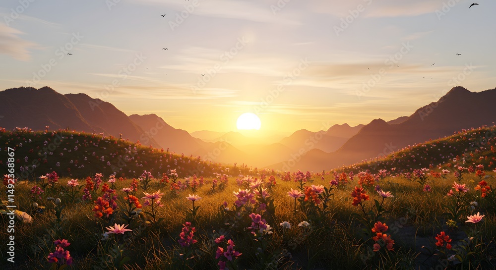 Fototapeta premium geometric floral mountain landscape sunset illustration in morning radiance, subject positioned at the top with clear copy space at the bottom for photos. ,hyper realistic digital art