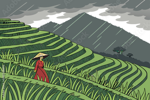 130 lush green terraced rice fields, dramatic stormy sky, mountainous landscape, lone figure in red dress and cone hat walking through field, atmospheric mood, detailed landscape, award winning photo,