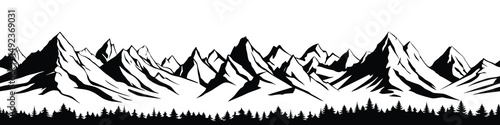 Silhouette mountain range and forest isolated on white background, seamless border, vector design