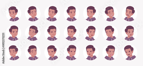 Young dark skin guy, brunette young adult male avatar portrait set modern cool casual hoodie man bundle. Feelings, face emotion icons, player character mood, user pic circles. Vector illustration
