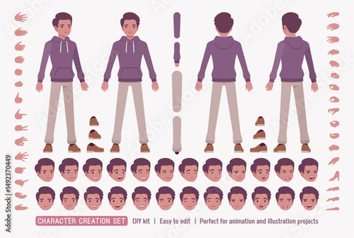 Dark skin guy wearing purple hoodie DIY character creation set, sporty casual streetwear body figure parts. Male head, leg, hand gestures, different emotions, construction kit. Vector illustration