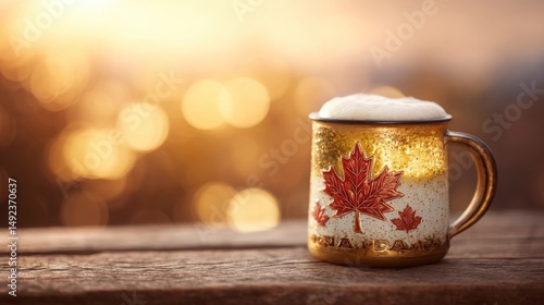 Maple leaf mug with frothy beer on rustic table, celebrating Canada Day with warm festive charm