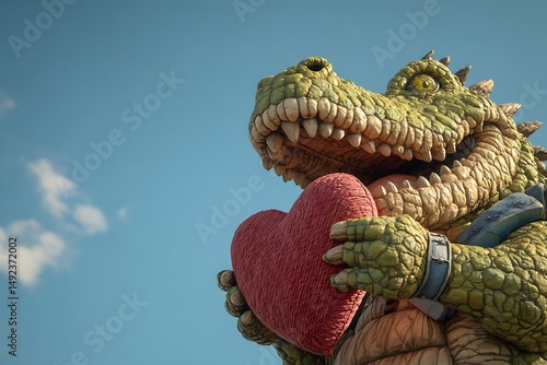 Smiling Alligator Mascot Holding Heart Against a Blue Sky Love with Happy.
