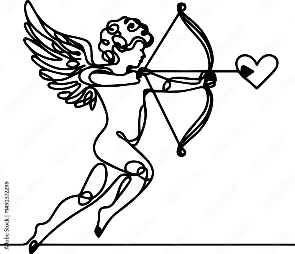 Fototapeta premium Winged cupid drawing aiming bow and arrow at heart symbol 