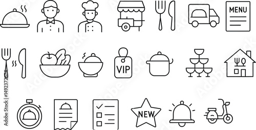 Catering Line Icon Set – Includes Food Service, Meal Delivery, Event Menus, Banquets & More. Linear Style Outline Vector Icons.