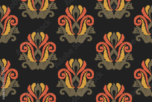 Embroidered Ikat flower pattern on a black background. Traditional ethnic ikat, Aztec abstract vector pattern, seamless pattern in tribal, folk embroidery and Mexican style.