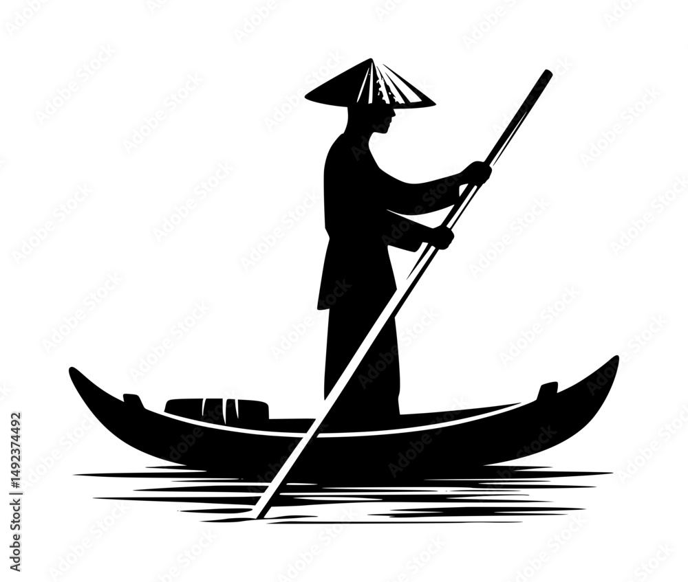 Fototapeta premium silhouette person standing rowing traditional wooden boat vector