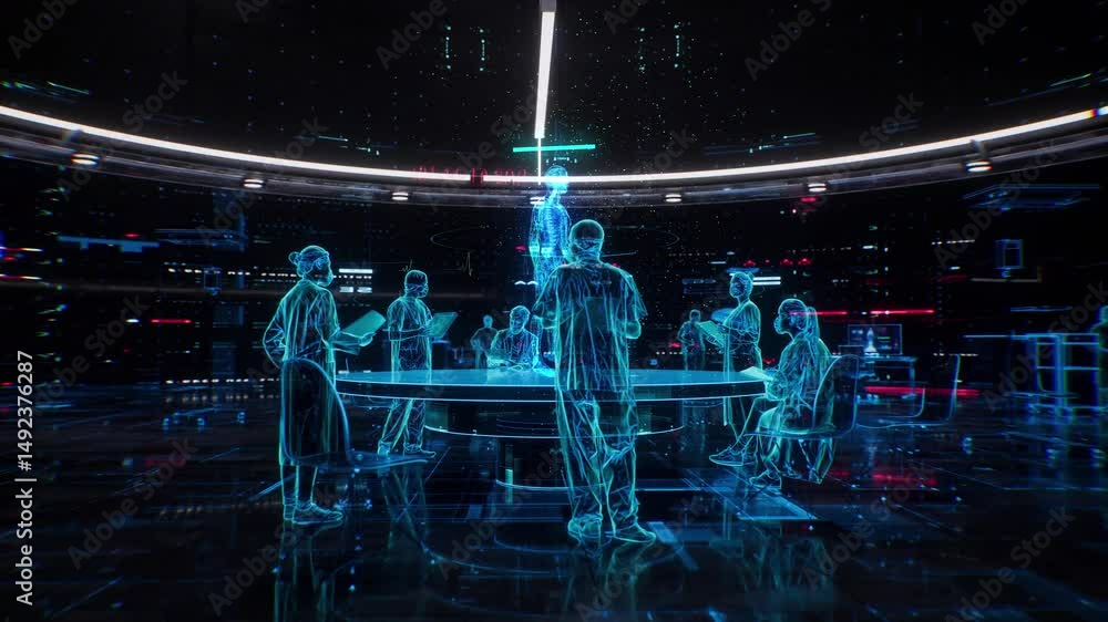 Future AI medical treatment, doctors discussing the condition, patient body model display, analyzing the condition, microscope observation of test results, holographic images, 3D animation.