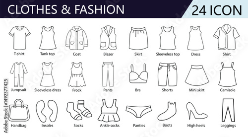 Clothes web line icons. Fashion icons. T-shirt, Pants, Jacket, Dress, Short, Shoe, Shirt symbols. vector illustrations.