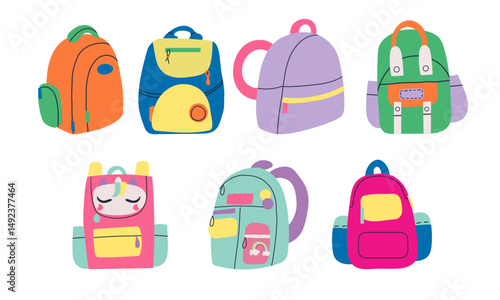 Set of colorful school bags different shapes. Collection of backpack for children. Hand drawn vector vector illustration isolated on white background. Modern flat cartoon style.