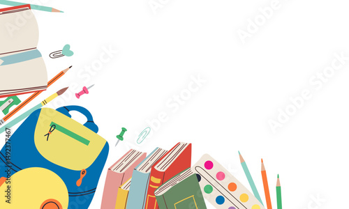 Back to School Social Media Template. School Time Announcement . school supplements on white background , hand drawn cute flat illustration .School time , back to school .