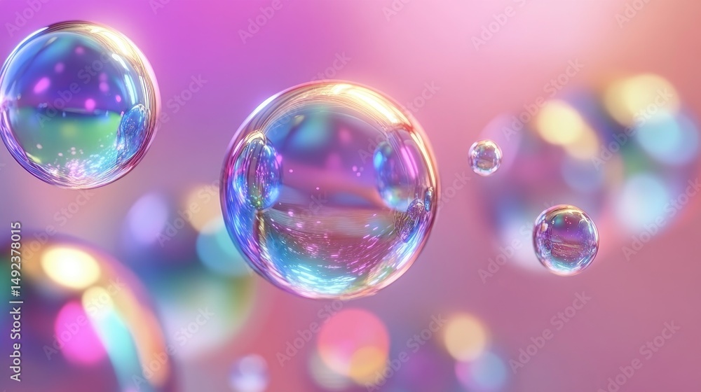 Iridescent spheres float on a pastel background Iridescent spheres float on a pastel background