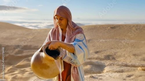 Samaritan woman with a clay water jug. Video for Christian evangelical publications	
