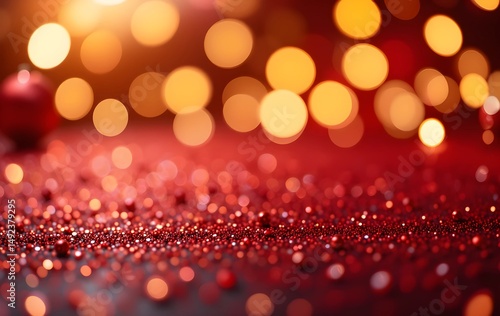Festive Sparkling Beads on Red with Warm Bokeh Lights