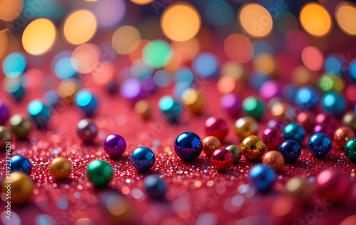 Festive Sparkling Beads on Red with Warm Bokeh Lights