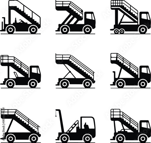 Stair Truck & Aircraft Silhouette Set – Airport Passenger Boarding Icons Airport Ground Support Icons – Stair Vehicle & Aircraft Silhouettes