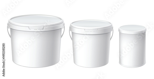 White plastic set bucket with White lid. Product Packaging For food, foodstuff or paints, adhesives, sealants, primers, putty. MockUp Template For Your Design. Vector illustration.